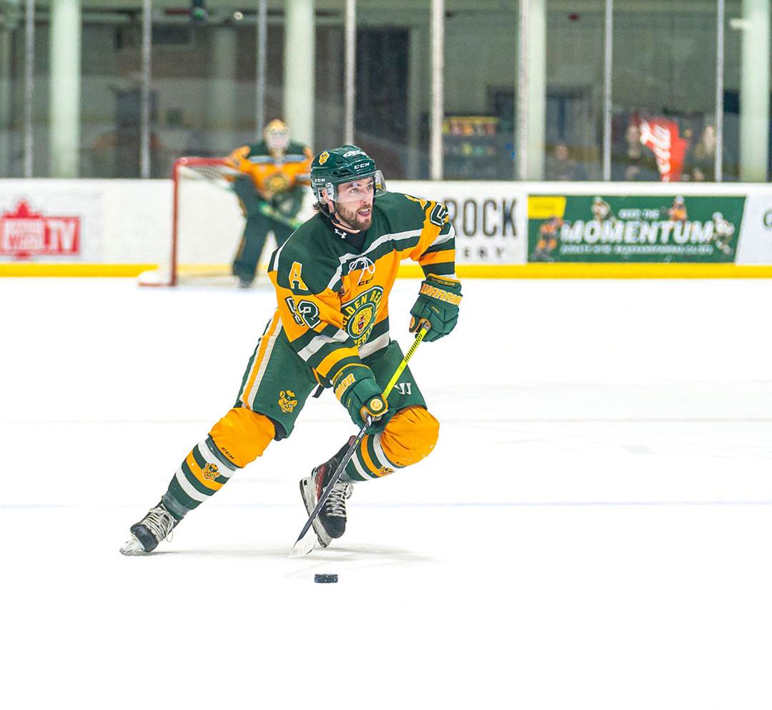 Crowd of fans cheering on the Golden Bears hockey team.