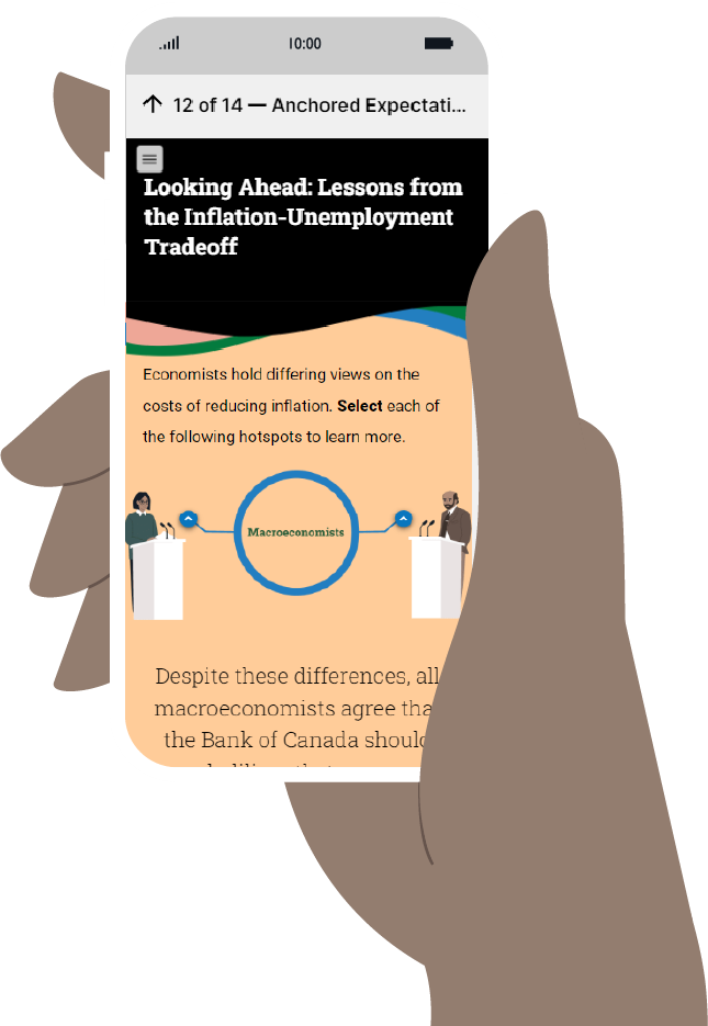 Screenshot of the ECON 102 course on an illustration of a phone held in a hand